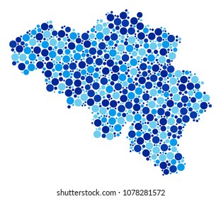 Belgium Map mosaic of filled circles in variable sizes and blue color tones. Random spheric items are arranged into Belgium Map mosaic. Vector geographic blue map vector illustration.
