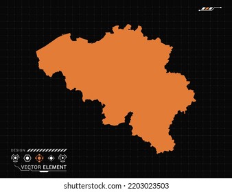 Belgium map of orange digital frame HUD, GUI, UI interface technology radar vector.