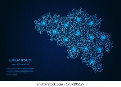 Mapa belga desde el punto azul y estrellas brillantes en un fondo oscuro. Vector eps 10.