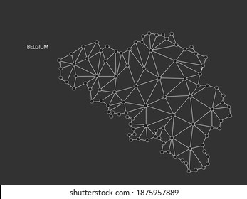 Belgium Map Point scales on black background. Wire frame polygonal network white line, dot and shadow dot.
