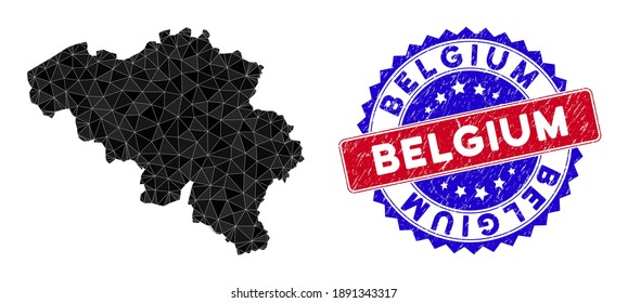 Belgium map polygonal mesh with filled triangles, and grunge bicolor stamp seal. Triangle mosaic Belgium map with mesh vector model, triangles have various sizes, and positions, and color tones.