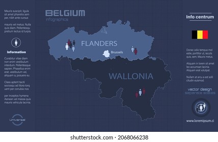 Belgium map, Provinces of Belgium, separate regions with names, infographics blue flat design vector