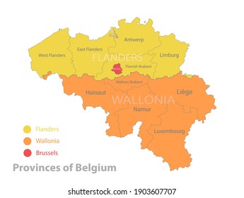 Belgium map, Provinces of Belgium, separates regions and names, color map isolated on white background vector