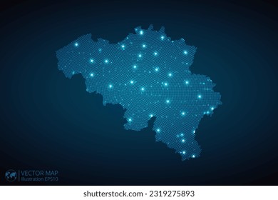 Belgien kartiert radiale gepunktete Muster im futuristischen Stil, Design blauer Kreis leuchtend Umriss aus Sternen. Kommunikationskonzept auf dunkelblauem Hintergrund. Vektor EPS10
