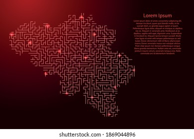 Belgium map from red pattern of the maze grid and glowing space stars grid. Vector illustration.