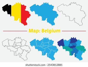 Belgium map Regions Isolated detailed Belgium Blue map with Regions and national borders map, belgium flag map.