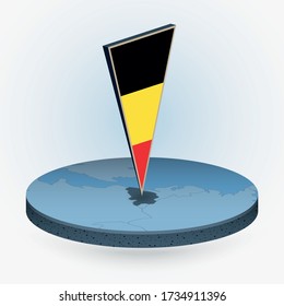 Belgium map in round isometric style with triangular 3D flag of Belgium, vector map in blue color. 