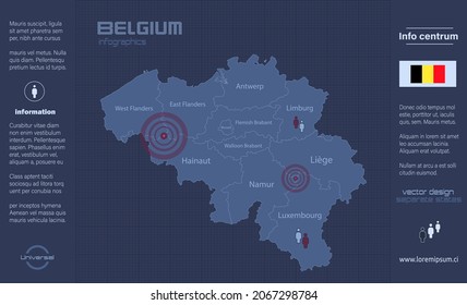 Belgium map, separate regions with names, infographics blue flat design vector