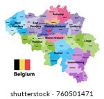 Belgium map showing  the provinces and administrative subdivisions (municipalities), colored by arrondissements. Flag of Belgium