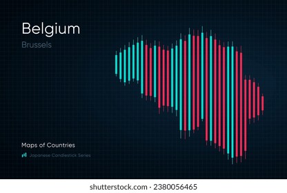 Belgium map is shown in a chart with bars and lines. Japanese candlestick chart Series