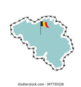 Belgium map of states with barbed wire. Country closes border against refugees. European countrys to protect its borders. Belgian flag. Surrounded by perimeter fence