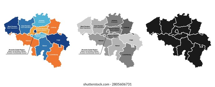 Belgium map templates showing provinces borders including Antwerp West Flanders Liege and Brussels capital region in color grayscale black silhouette isolated on white background illustration