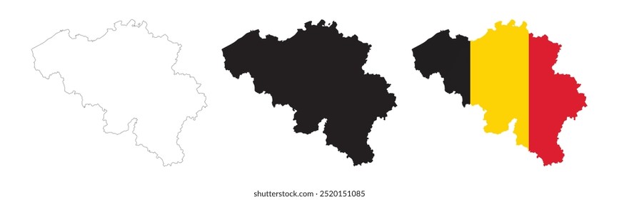 Belgien Karte in verschiedenen Stilumrissen, Symbol, schwarze Farbe, Rahmen, Flagge Farben. Europa Ländersymbole Sammlung. Vektorgrafik