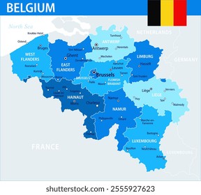 Belgium Map Vector Blue Spot - Customizable layered political map of Belgium with administrative divisions for website, education, reports, news, politics, print, poster and wallpaper