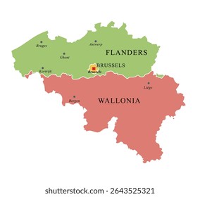 Belgium Map Vector with Color-Coded Regions and Provinces of Flanders, Wallonia, and Brussels including Major Cities labeled with Ghent, Antwerp, Liège, Brussels Capital, Bergen and Kortrijk, EPS10.  