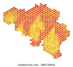 Belgium map. Vector honeycomb territory map using flame color variations. Abstract Belgium map concept is organized with hot hexagon pixels.