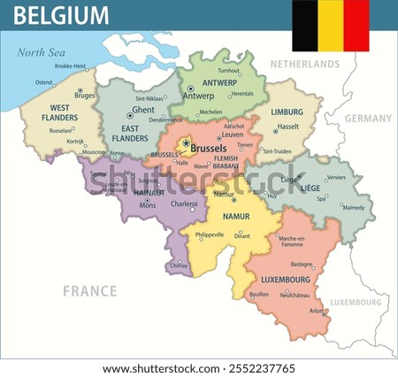 Belgium Map Vector New 2024 Colorful - Customizable layered political map of Belgium with administrative divisions for website, education, reports, news, politics, print, poster and wallpaper