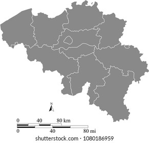 Belgium map vector outline with scales of miles and kilometers and borders of provinces in gray background. Belgium map with mileage and kilometer scales 