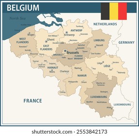 Belgium Map Vector Vintage Dark Blue Beige - Customizable layered political map of Belgium with administrative divisions for website, education, reports, news, politics, print, poster and wallpaper