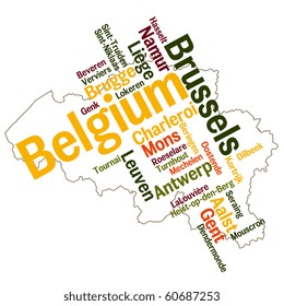 Belgium map and words cloud with larger cities