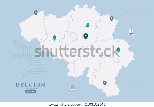 Belgium Map - World Map International vector template\
High detailed with white color isolated on blue background\
including simple point of location, tree, boat icon - Vector\
illustration eps 10