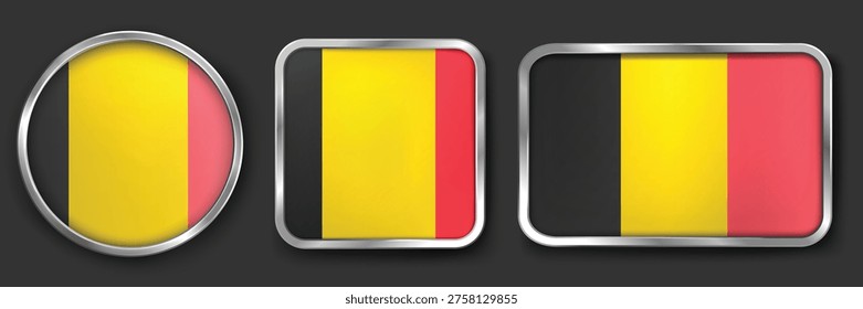 BELGIUM Metallic Flag Collection, Circular, Square and Rectangular BELGIUM Flag Badges Set