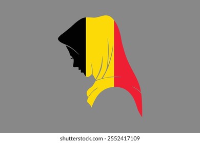 Bélgica Menina muçulmana vestindo a bandeira da França hijab, Bandeira belga vetor gráfico, Bandeira belga do país é um símbolo de liberdade, Bandeira nacional da Bélgica, ilustração vetorial
