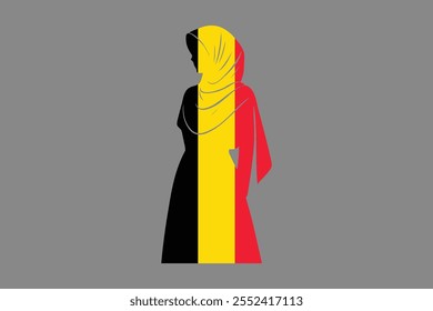 Bélgica Menina muçulmana vestindo a bandeira da França hijab, Bandeira belga vetor gráfico, Bandeira belga do país é um símbolo de liberdade, Bandeira nacional da Bélgica, ilustração vetorial
