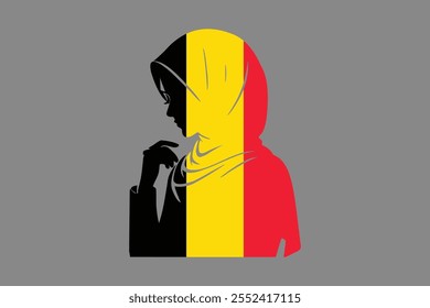 Bélgica Menina muçulmana vestindo a bandeira da França hijab, Bandeira belga vetor gráfico, Bandeira belga do país é um símbolo de liberdade, Bandeira nacional da Bélgica, ilustração vetorial
