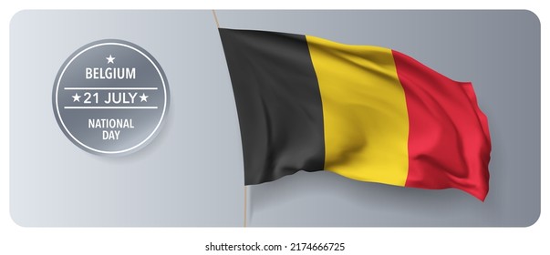 Belgium national day vector banner, greeting card. Belgian wavy flag in 21st of July national patriotic holiday horizontal design