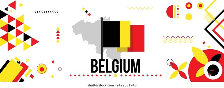 Belgien National- oder Unabhängigkeitstag-Banner für Länderfeiern. Flagge und Karte von Belgien mit Hochfisten. Modernes Retro-Design mit abstrakten, geometrischen Symbolen. Vektorgrafik.