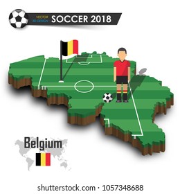 Belgium national soccer team . Football player and flag on 3d design country map . isolated background . Vector for international world championship tournament 2018 concept .