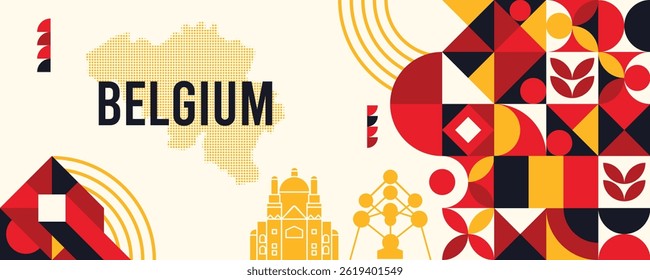 Banner nacional de vetor da Bélgica com bandeira, mapa pontilhado, pontos de referência e design de padrão geométrico