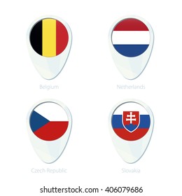 Belgium, Netherlands, Czech Republic, Slovakia flag location map pin icon. Belgium Flag, Netherlands Flag, Czech Republic, Flag, Slovakia Flag. Vector Illustration.