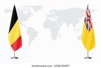 Belgium and Niue flags for official meeting against background of world map.