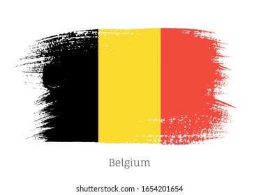 Belgium official flag in shape of paintbrush stroke. Belgian national identity symbol. Grunge brush blot object isolated on white background vector illustration. Belgium country patriotic stamp.