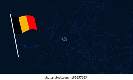 belgium on europe map vector illustration. High quality map Europe with borders of the regions on dark background with national flag.