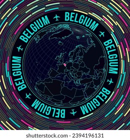 Belgium on globe. Satelite view of the world centered to Belgium. Bright neon style. Futuristic radial bricks background. Superb vector illustration.