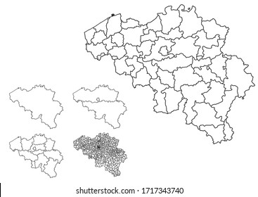 Belgium outline map vector with administrative borders, regions, municipalities, departments in black white colors