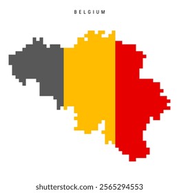 Belgium pixel flag map icon. 8 bit pixel art Belgian map covered with flag. Flat vector illustration isolated on white background.