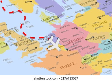 Belgium with plane and dashed line on europe map, close up Belgium, vacation and road trip concept, pinned destination, travel idea, colorful map with location icon, top view