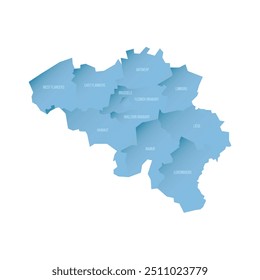 Belgien politische Karte der Verwaltungseinheiten - Provinzen. Schattierte Vektorkarte mit 3D-ähnlichem blauem Farbverlauf und Namensschildern