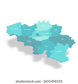 Mapa político da Bélgica das divisões administrativas - províncias. Mapa de vetor turquesa 3D com rótulos de nome.