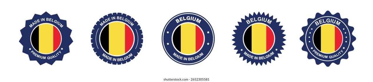 Conjunto de rótulos de produto da Bélgica. Bandeira da Bélgica, prêmio feito na Bélgica. Etiquetas, selos, carimbos, bandeiras, ícones
