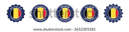 Belgium product label set. Belgium flag, premium made in Belgium. Labels, seals, stamps, flags, icons
