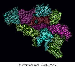 Belgium Regions Word Clouds. Bright neon style design on dark background. Region names of the country in Dutch language. Country shape with administrative division. Amazing vector illustration.