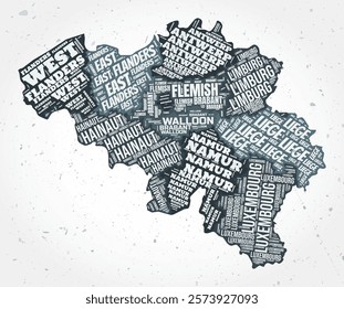 Belgium regions word clouds. Country shape on textured background. Belgium design in typographic style. Retro vector illustration.