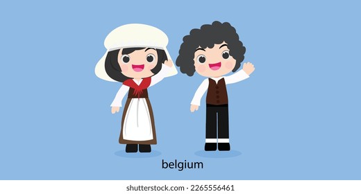 belgium republc in national dress with a flag. Man and woman boy in traditional costume. Travel belgium   . People.illustrationa