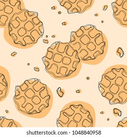 Belgium round waffle hand drawn seamless pattern. Vector illustration. 