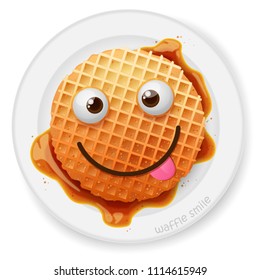 Belgium Round Waffle With Playful Happy Smile, Text, Honey, Jam, Jelly On The White Plate, Dish On White Background. Vector Illustration. Cartoon Food, Meal Icons, Logo, Icon, Emoji, Emotion.